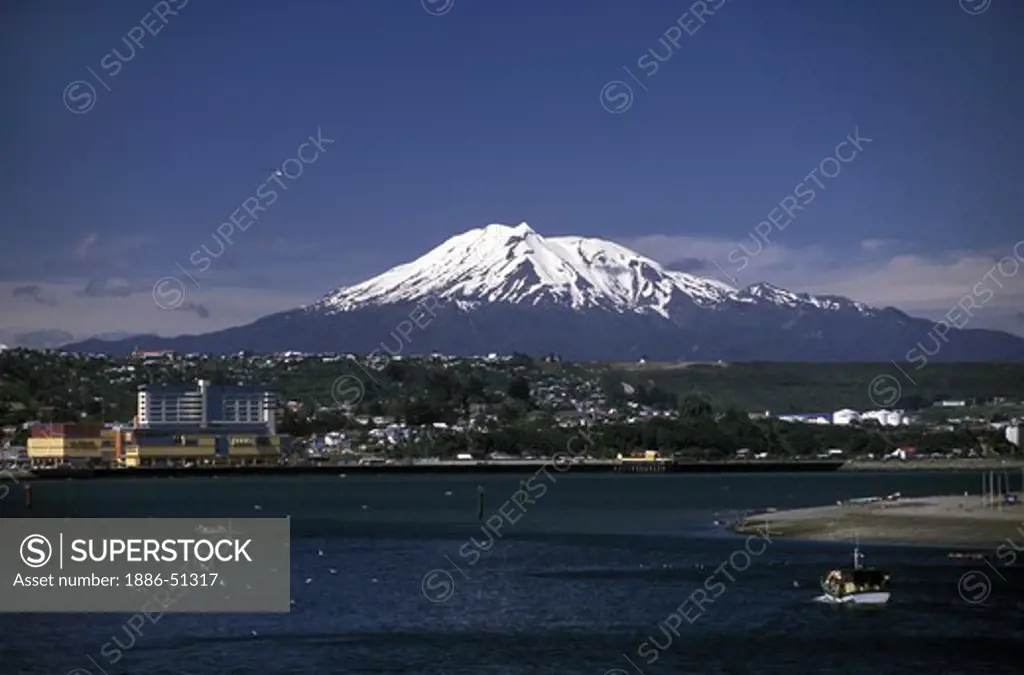 View of PUERTO MONTT with and ANDEAN PEAK behind the city - CHILE