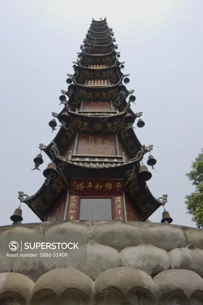 Pagoda style temple at the Tang Dynasty Buddhist Wenshu Monastery  - Sichuan Province, Chengdu, China