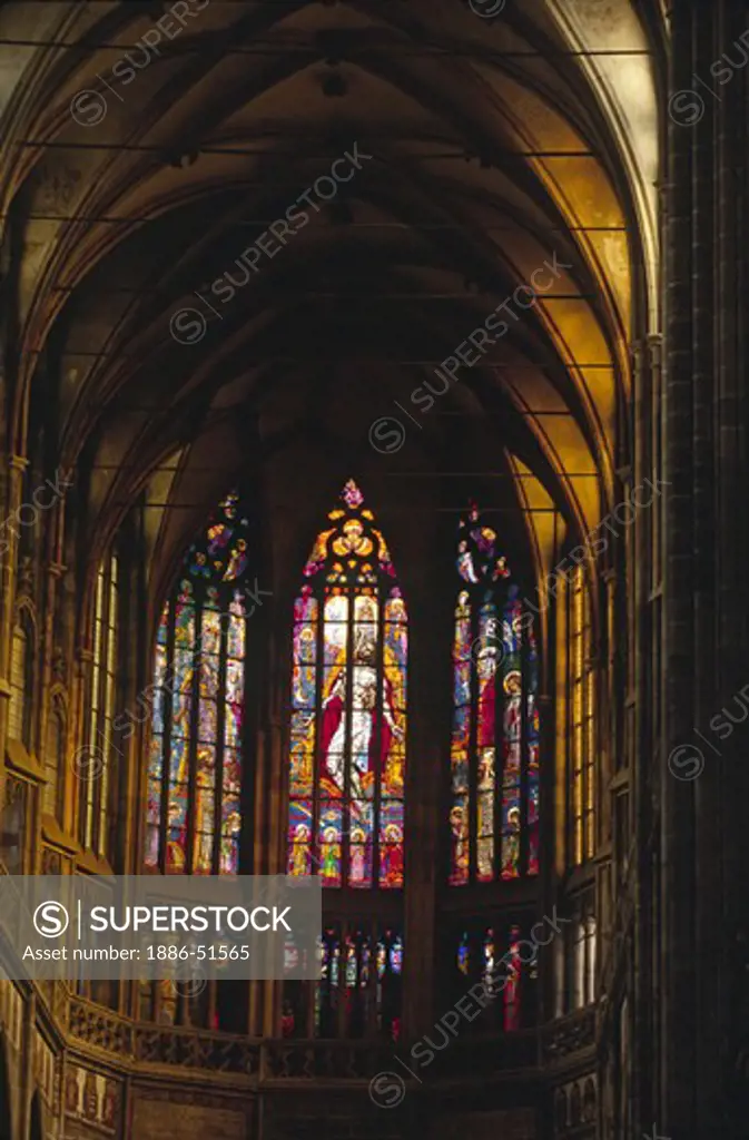 Eloborate STAINED GLASS WINDOWS inside ST. VITUS' CATHEDRAL in the courtyard of PRAGUE CASTLE