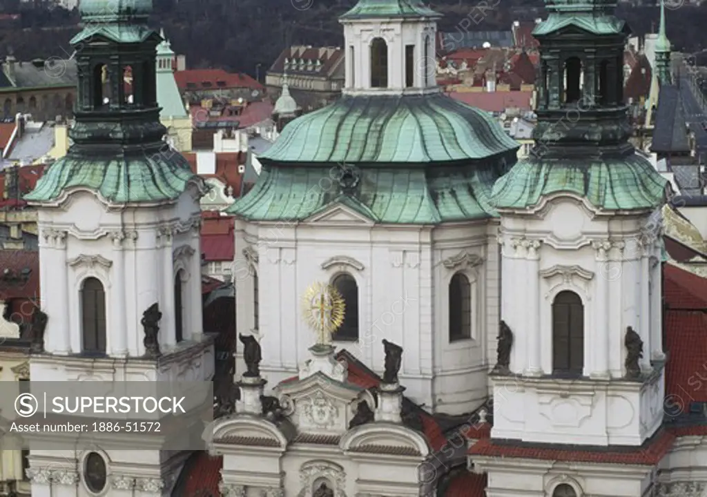 A CHURCH, as seen from the tower of OLD TOWN HALL, is intact as it survived WWII - CZECH REPUBLIC