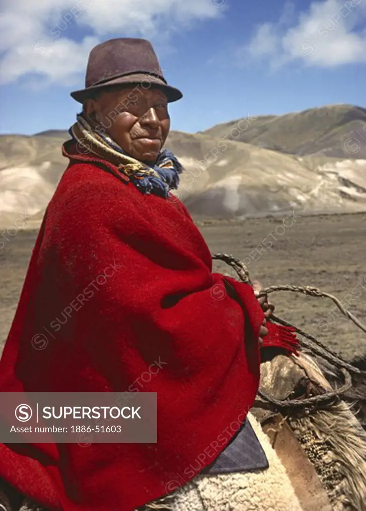 SHEEP HERDER in RED PONCHO on HORSEBACK - ALTIPLANO (HIGH PLAIN), ECUADOR