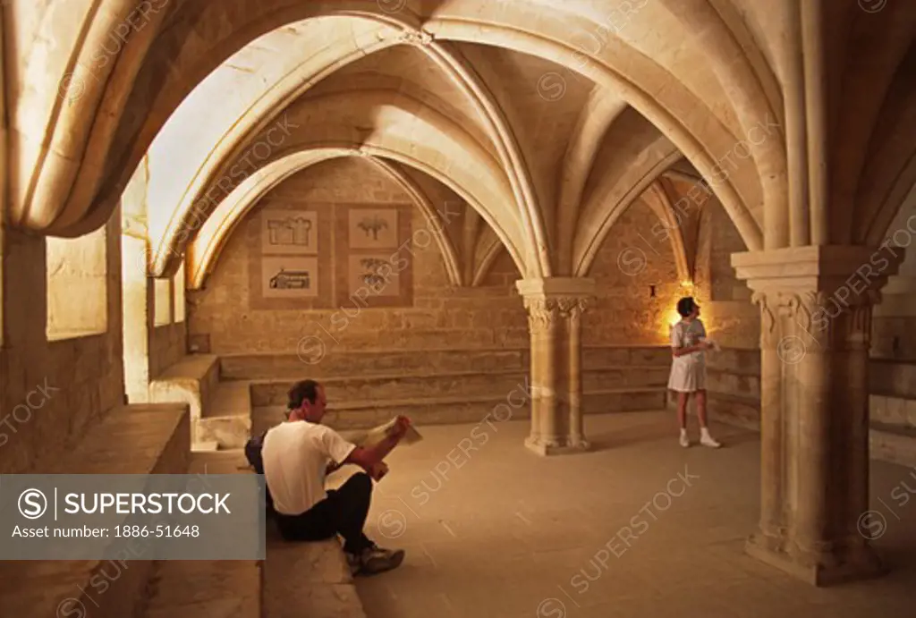 Columns & archways support a room in The SENAQUE ABBEY (12th Cent. CISTERCIAN)  - PROVENCE, FRANCE