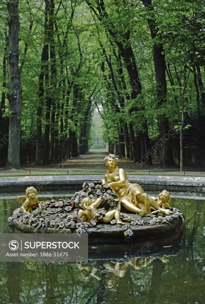 FOUNTAIN with GILDED STATUES in GARDENS of VERSAILLES PALACE, built for LOUIS XIV, the SUN KING - VERSAILLES, FRANCE
