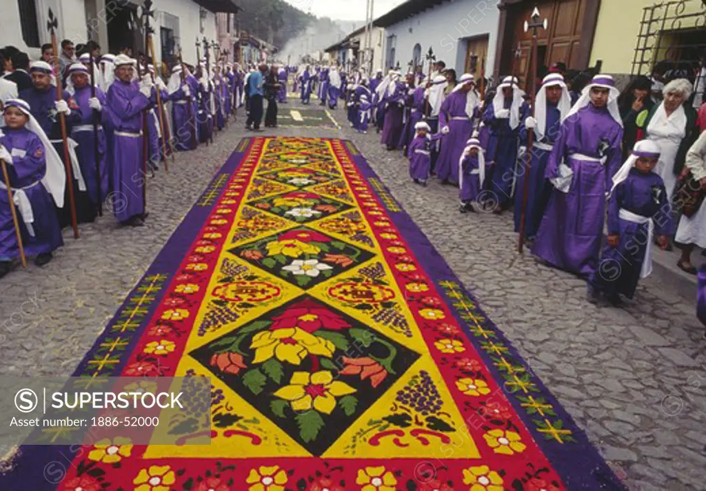 ALFOMBRA (carpet) made of sawdust and flowers for GOOD FRIDAY, a tradition dating to the 16th century - ANTIGUA, GUATAMALA