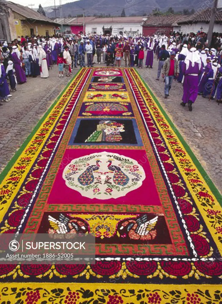 ALFOMBRA (carpet) integrating CATHOLIC and MAYAN symbolism during GOOD FRIDAY procession - ANTIGUA, GUATAMALA