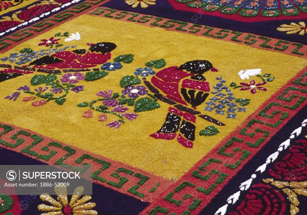 ALFOMBRA (carpet) with CATHOLIC symbolism and MAYAN inagery during GOOD FRIDAY procession - ANTIGUA, GUATAMALA