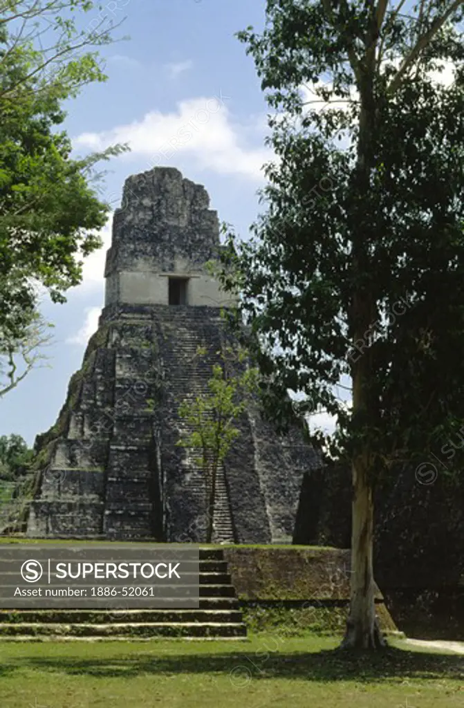 TEMPLE I, 145 ft. tall & dated to 700 AD, is an excellent example of MAYA TEMPLE ARCHITECTURE - TIKAL, GUATEMALA