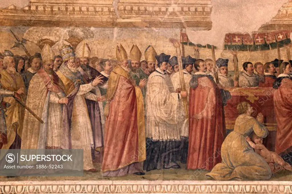 Painting of Procession of Pope Lucio the Third (1183 AD) in the Medieval CHURCH OF SANTA MARIA MAGGIORE - TUSCANIA - TUSCANY, ITALY