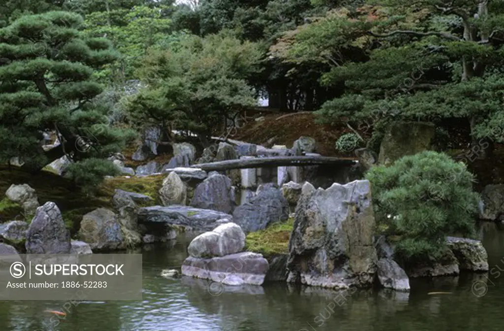 CRANE ISLAND in the CLASSICAL JAPANESE GARDEN on the grounds of NIJO CASTLE  - KYOTO, JAPAN
