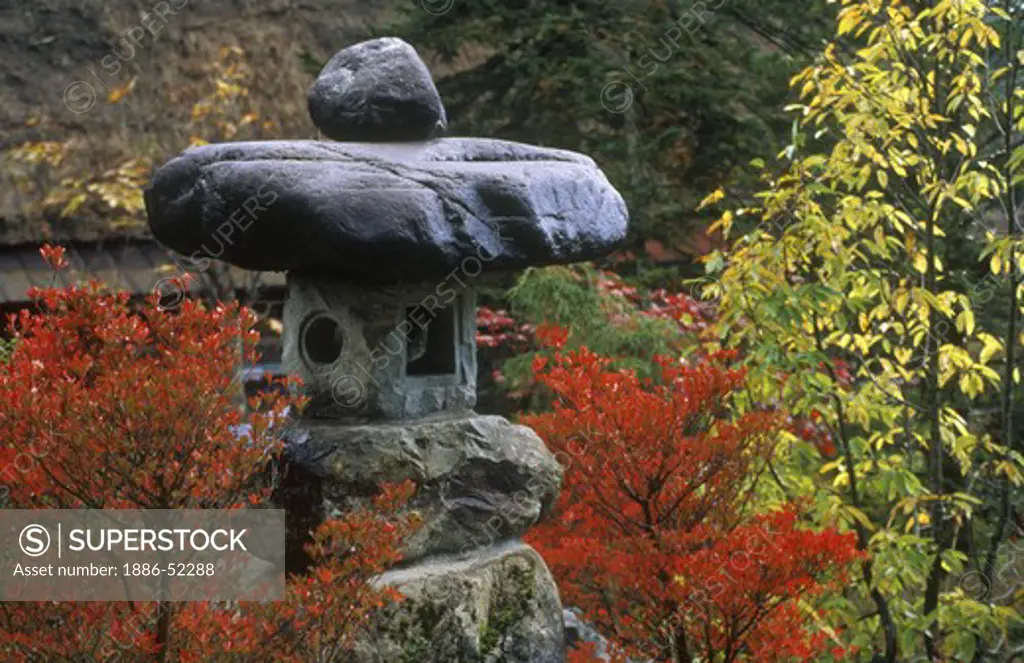 JAPANESE LANTERN graces a garden in the MOUNTAIN VILLAGE of OGAMACHI, JAPAN