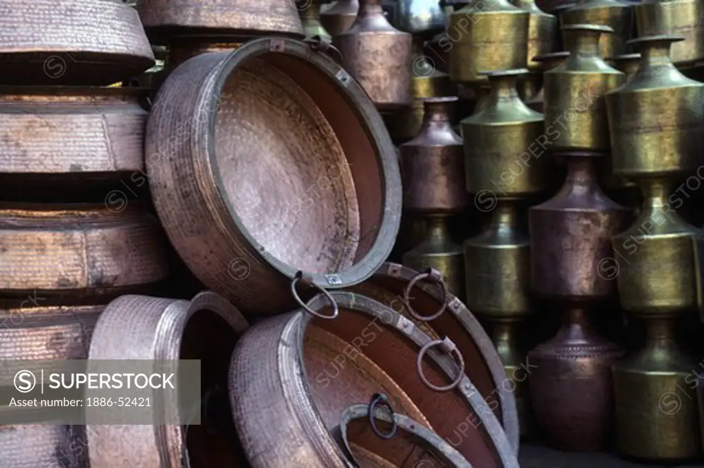 COPPER and BRASS POTS PANS & WATER VESSELS are sold at the ASAN MARKET - KATHAMANDU, NEPAL