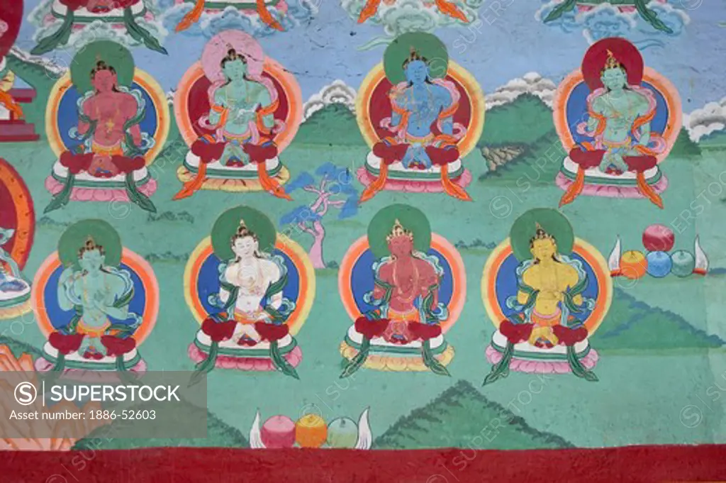 Tibetan wall mural of Dhyana Buddhas, Tagong  Monastery (Lhagang ) - Kham (E. Tibet), Sichuan Province, China