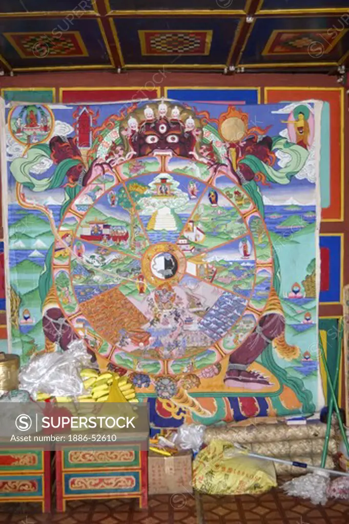 Yama (the lord of death) holds the wheel of Life (Sipa Khorlo) representing the cycles of birth & death - Tagong  Monastery, Kham (E. Tibet), China
