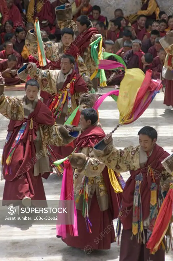Monks dance without masks the first day of the Monlam Chenmo, Katok Dorjeden Monastery - Kham, (Tibet), Sichuan, China