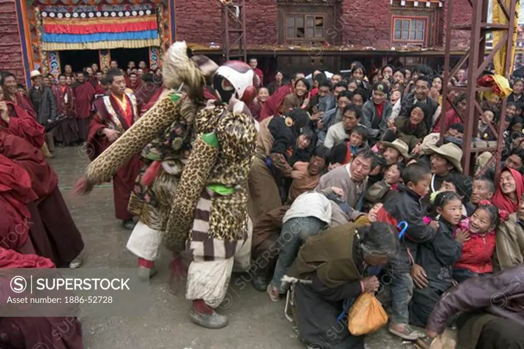 Arhat clowns act as disciplinarians  at the Cham dances, Katok Dorjeden Monastery - Kham, (eastern, Tibet), Sichuan, China