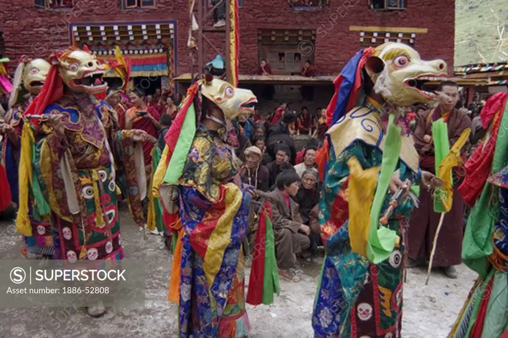Mythical beings dance at the Monlam Chenpo, Katok Dorjeden Monastery - Kham, (eastern, Tibet), Sichuan Province, China