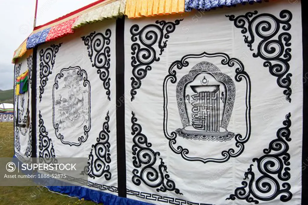 Tibetan tents with Buddhist designs are used for accomadation, Litang Horse Festival in Kham - Sichuan Province, China, (Tibet)