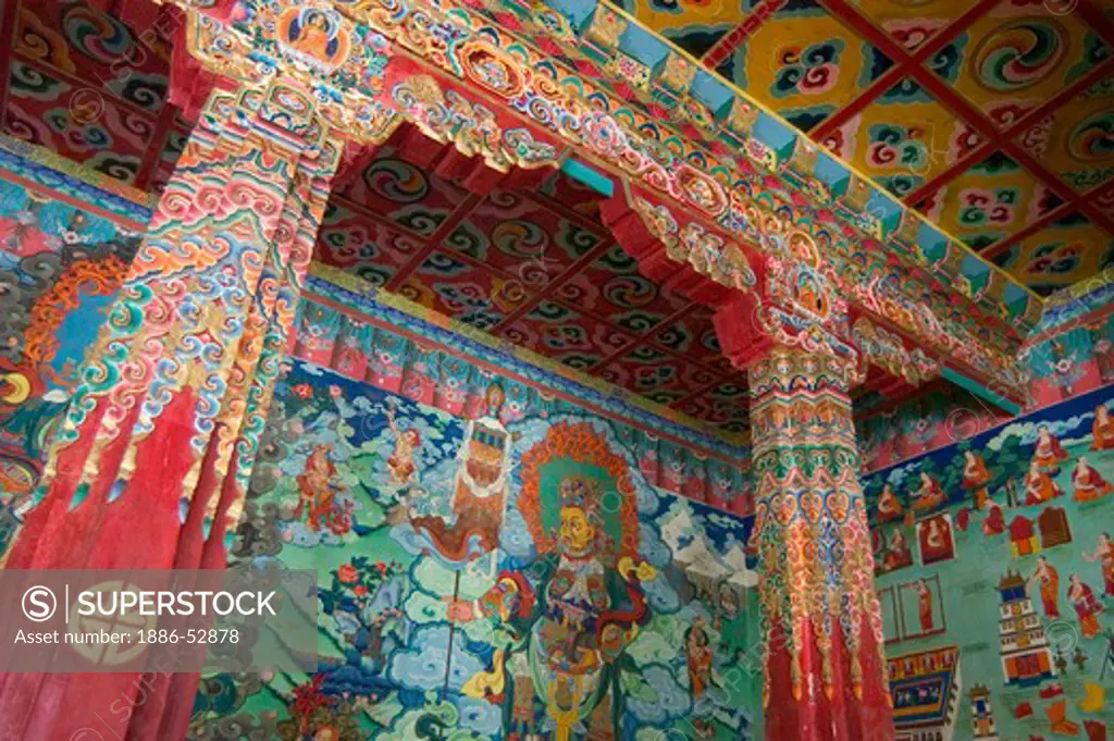 Jambala mural in the entrance to the Lhakhang Karporling in Litang Chode, Kham - Sichuan Province, China, (Tibet)