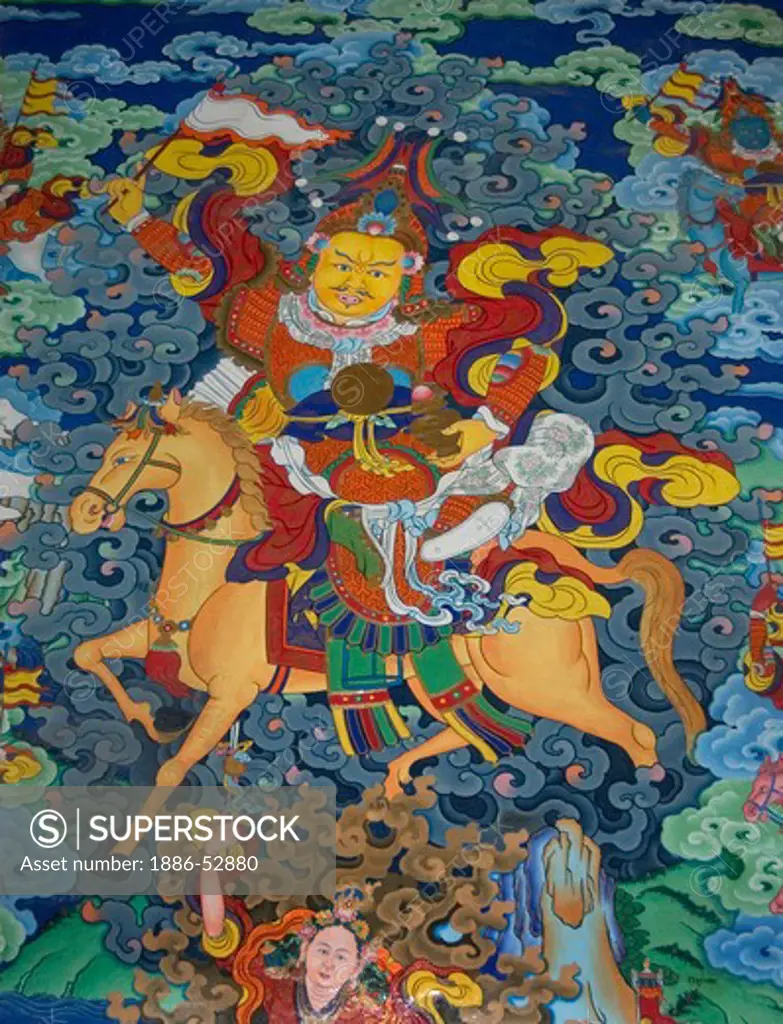 Mural of Ling Kesar, legendary folk hero of Tibet,  mounted on a horse at the entrance to the Litang Chode Monastery - Kham, Sichuan Province, China, (Tibet)