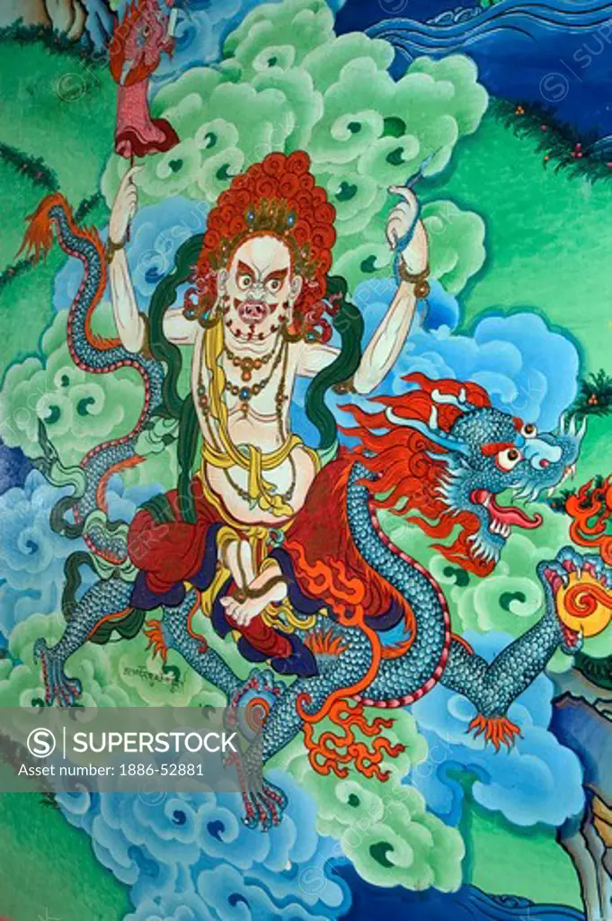 Mural of dragon riding protector at the entrance to the Litang Chode Monastery, Kham - Sichuan Province, China, (Tibet)