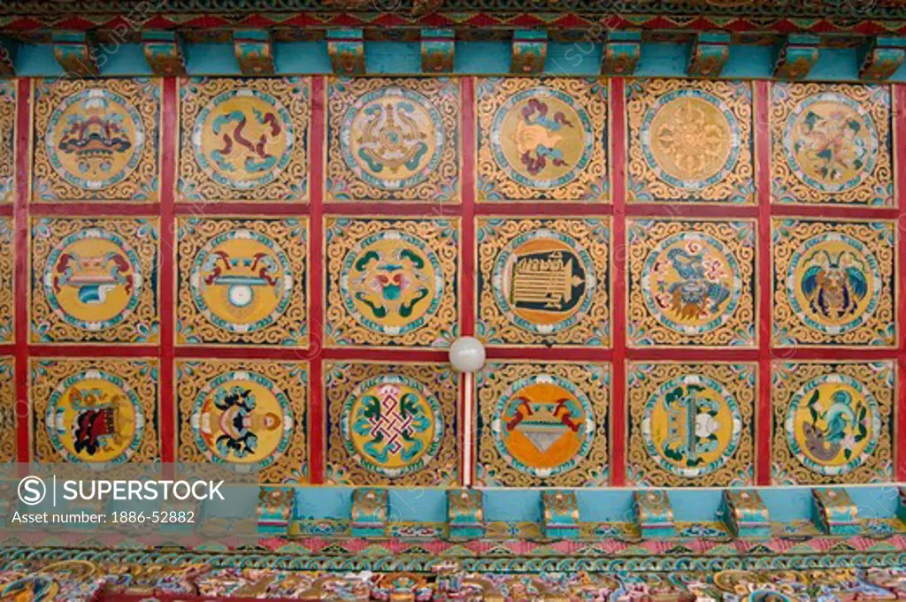 Cieling detail of the Tibetan Buddhist Lucky Symbols (Tashi Targye) in the Lhakhang Karporling the Litang Chode Monastery - Kham, Sichuan Province, China, (Tibet)