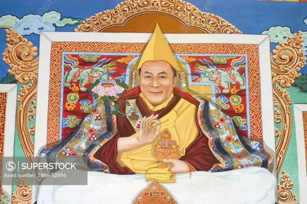 Painting of the 14th Dalai Lama at the Lhakhang Karporling of Litang Chode Monastery - Kham, Sichuan, China, (Tibet)