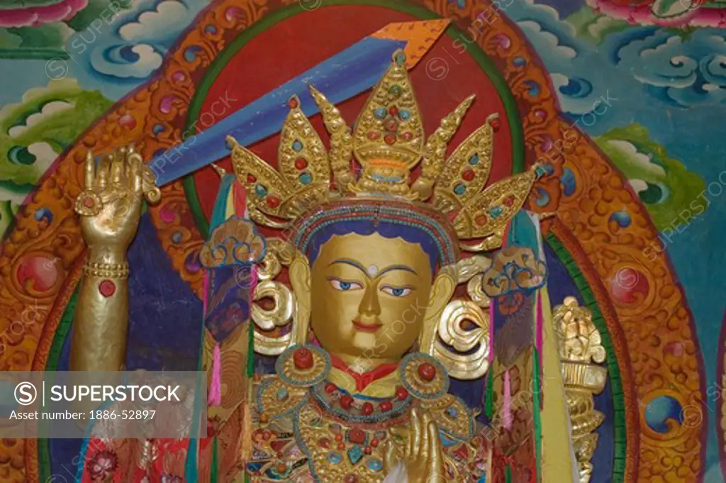 Statue of Manjushri with jewels at the Lhakhang Karporling of Litang Chode Monastery - Kham, Sichuan, China, (Tibet)