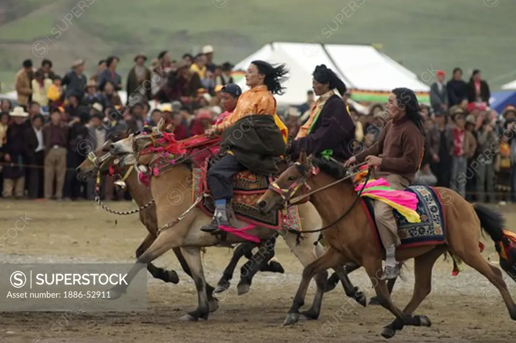 Khampas compete in a horse racr at the Litang Horse Festival in Kham - Sichuan Province, China, (Tibet)