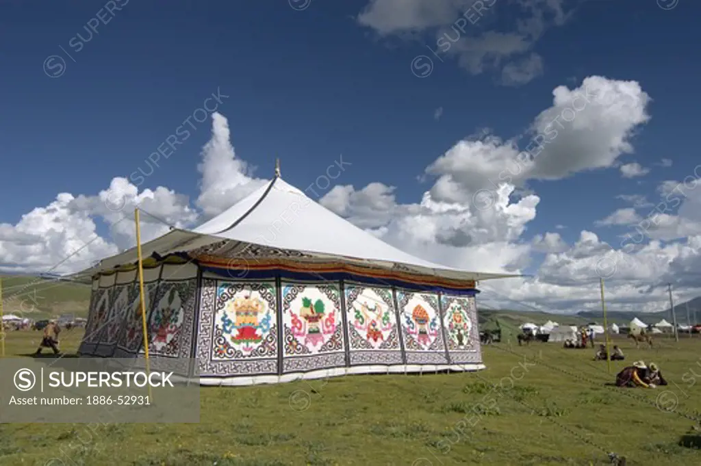 Tibetan tents with Buddhist designs are used for accomadation, Litang Horse Festival in Kham - Sichuan Province, China, (Tibet)