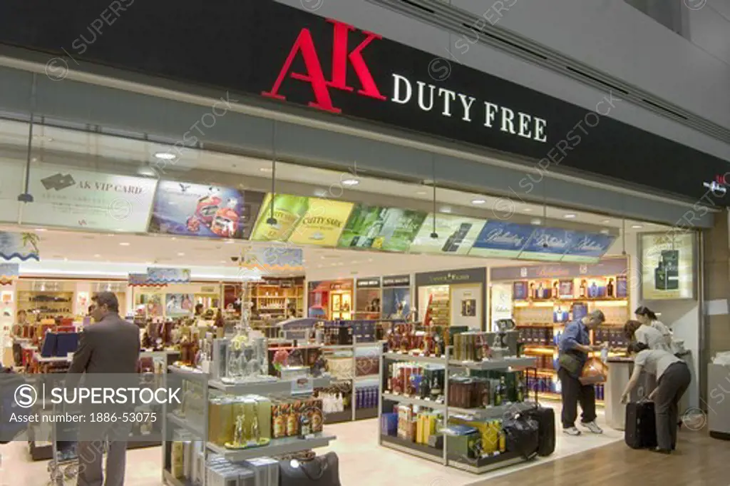 Airport terminal duty free store front of AK with various products including alcohol - Seoul, South Korea