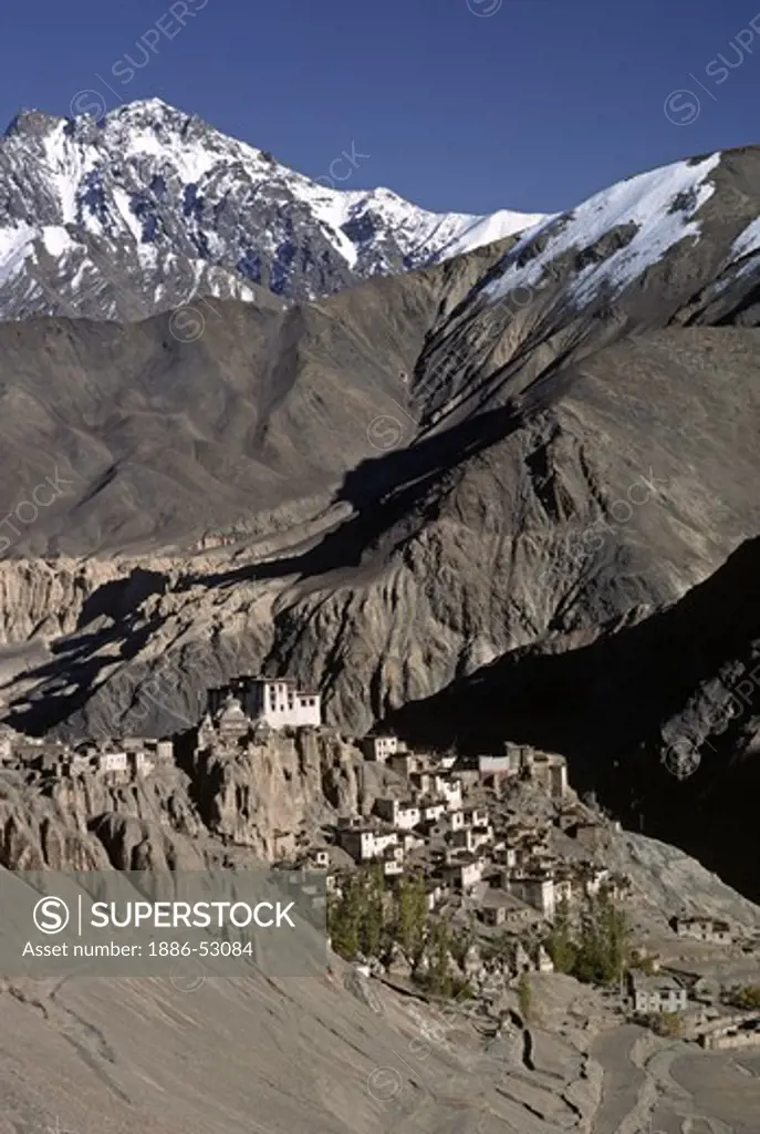 LAMAYURU'S chortens, fallow fields, village, and gompa (monastery), with HIMALAYAN PEAKS in background - LADAKH, INDIA