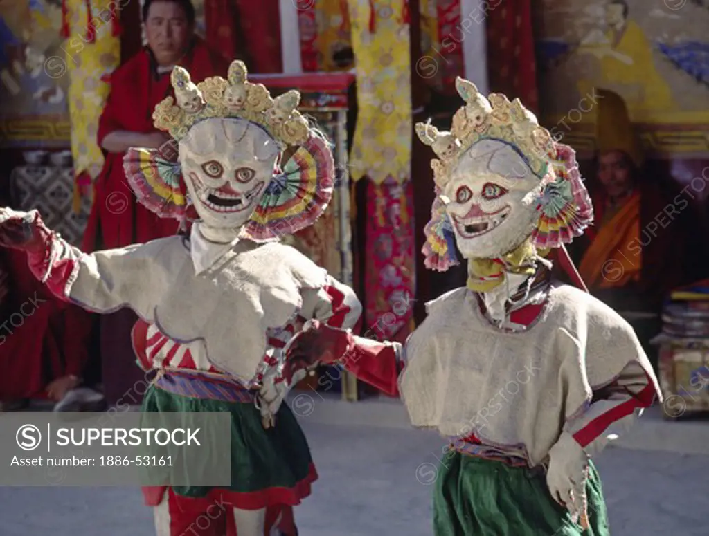 SKULL MASK DANCERS, representing non-attachment, and used as comic relief, TIKSE Monastery Masked Dances - LADAKH, INDIA
