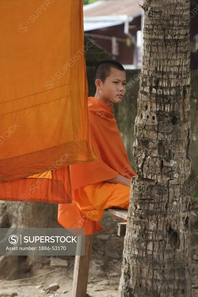 A Hinayana Buddhist monk at a wat in the former French Provincial town of LUANG PROBANG - LAOS