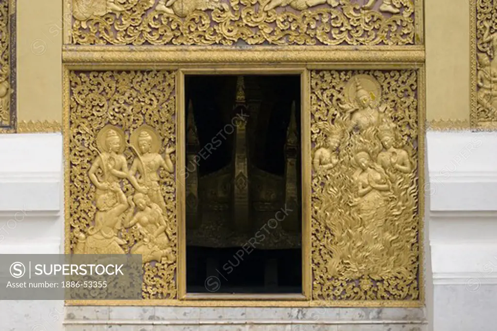 Semi-erotic Ramayana scenes of the Hohng Kep Mien (royal funerary carriage house) at Wat Xieng Thong, built by King Setthathirat in 1560 - LUANG PROBANG, LAOS