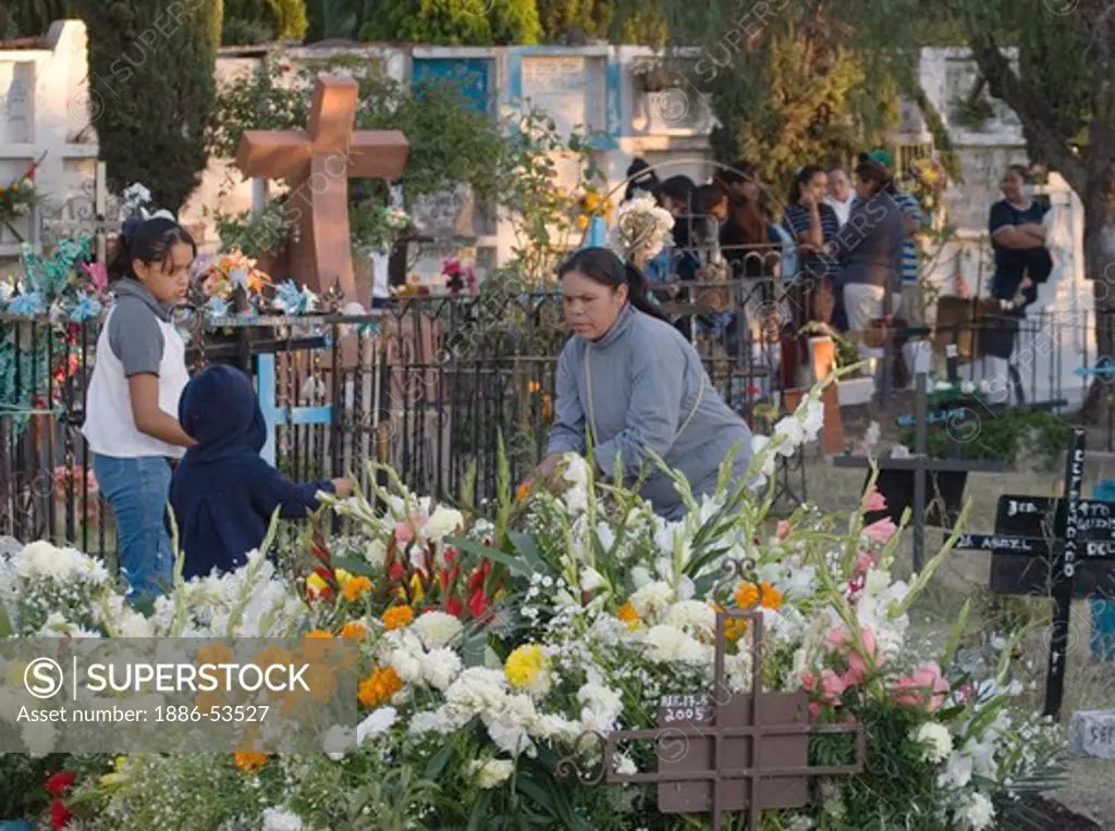 A Mexican family covers a relatives grave with flowers during the DEAD OF THE DEAD - SAN MIGUEL DE ALLENDE, MEXICO