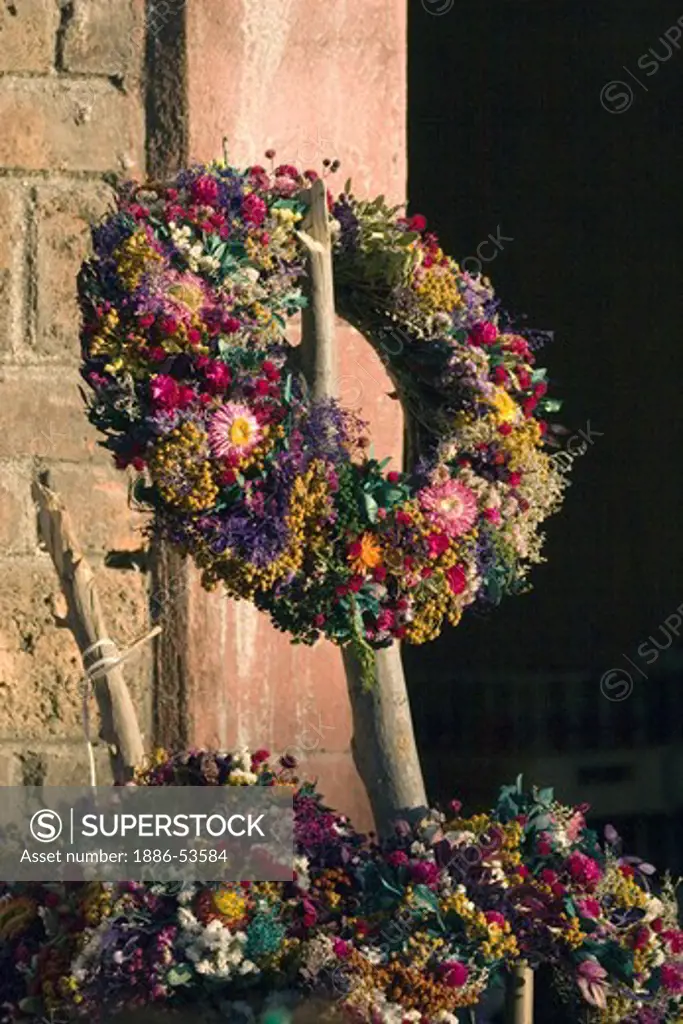 A DRIED FLOWER WREATH for sale during the DAY OF THE DEAD - SAN MIGUEL DE ALLENDE, MEXICO