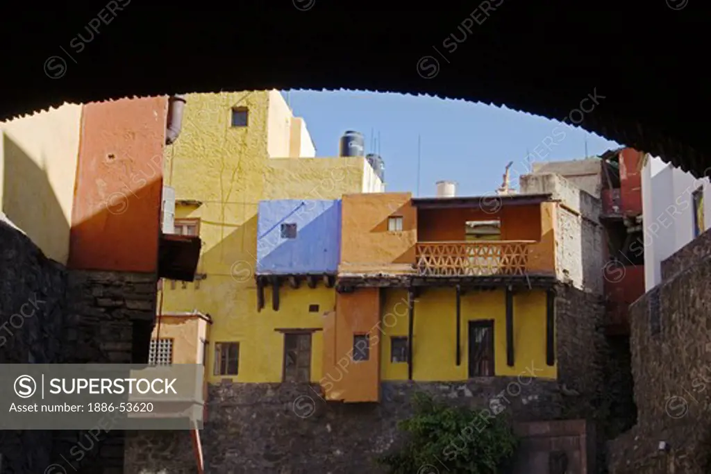 Colorful houses as seen from the underground TUNNEL SYSTEM  -  GUANAJUATO, MEXICO