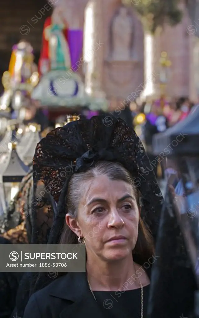 MEXICAN woman with black mantilla during EASTER PROCESSION - TEMPLO DEL ORATORIO, SAN MIGUEL DE ALLENDE, MEXICO