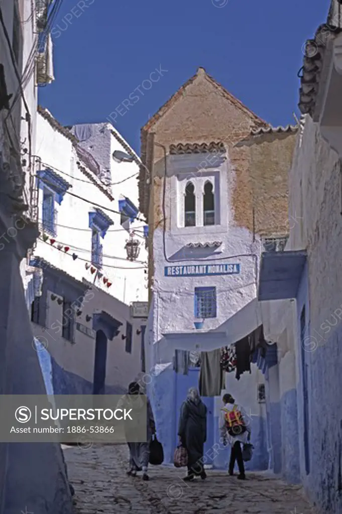 The narrow cobbled streets of the MEDINA in CHECHAOUEN in the RIF MOUNTAINS of northern MOROCCO