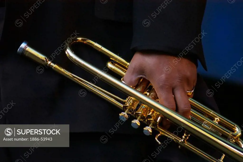 Trumpet in the hand of a musician at the MONTEREY JAZZ FESTIVAL - CALIFORNIA