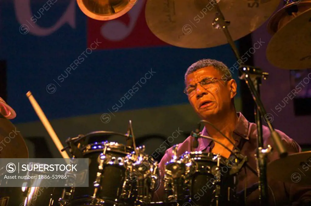 Jack Dehohnette plays the drums while preforming with Bobby McFerrin at the MONTEREY JAZZ FESTIVAL - CALIFORNIA