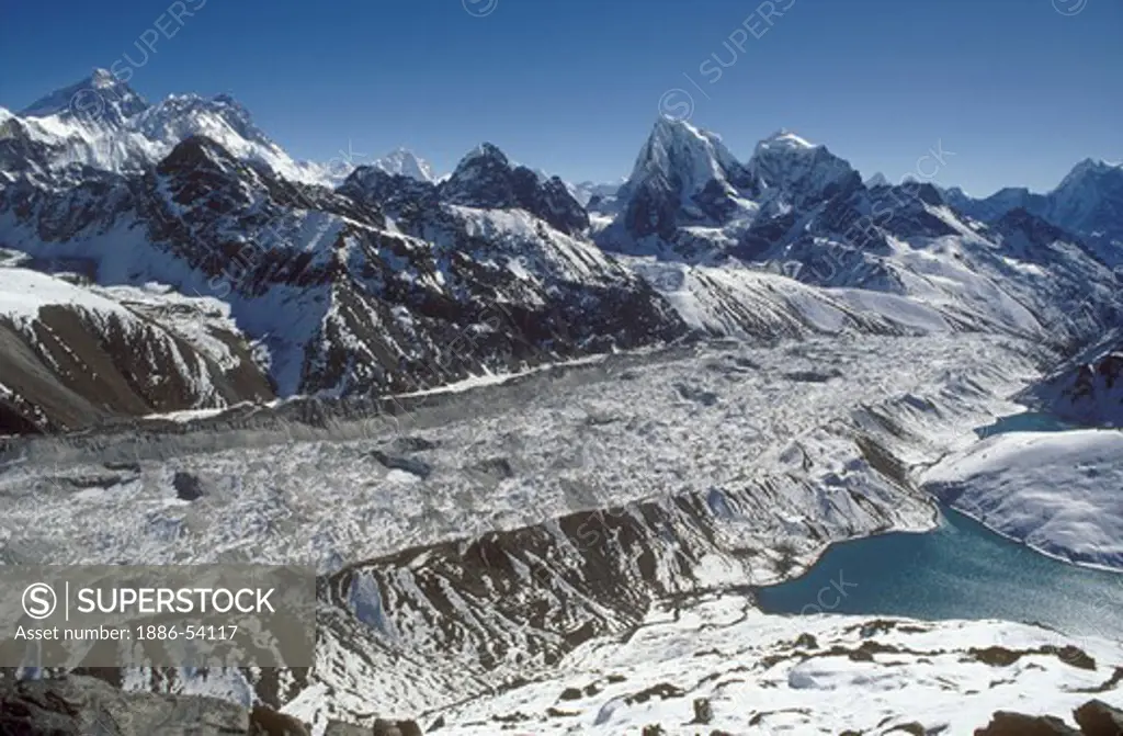 View of Lungsampo Glacier with Everest (L) , Cholatse (M) & Kang Taiga (far R) - Photographed from Gokyo Ri - Khumbu