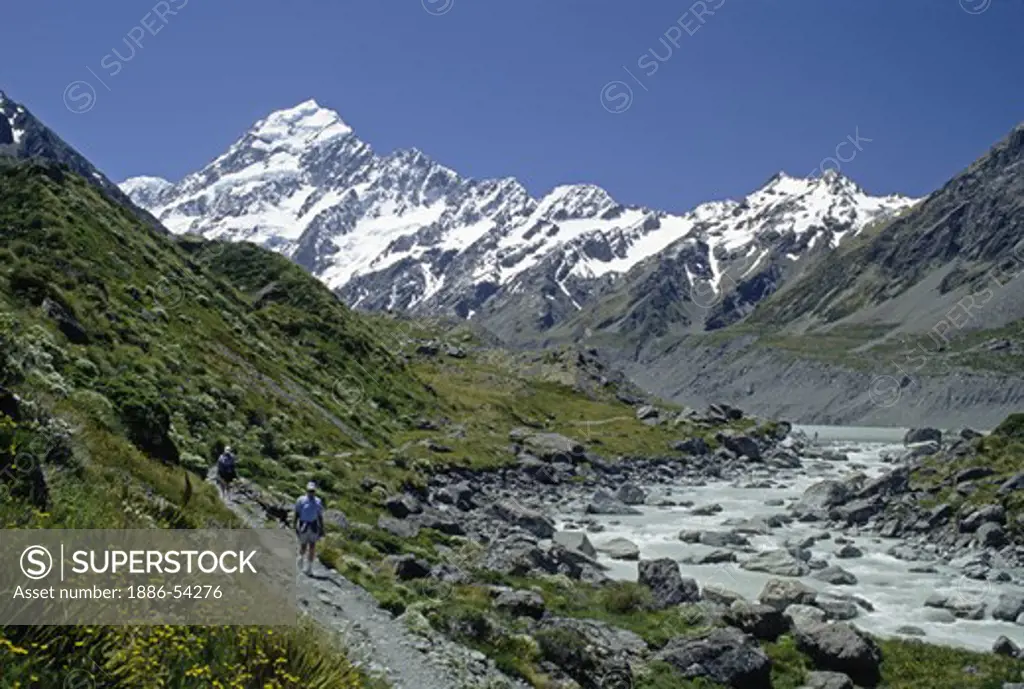 MT COOK, New Zealand's highest peak at 12,246 feet, rises majestically above the HOOKER VALLEY - MT COOK NATIONAL PARK, SOUTH ISLAND NEW ZEALAND