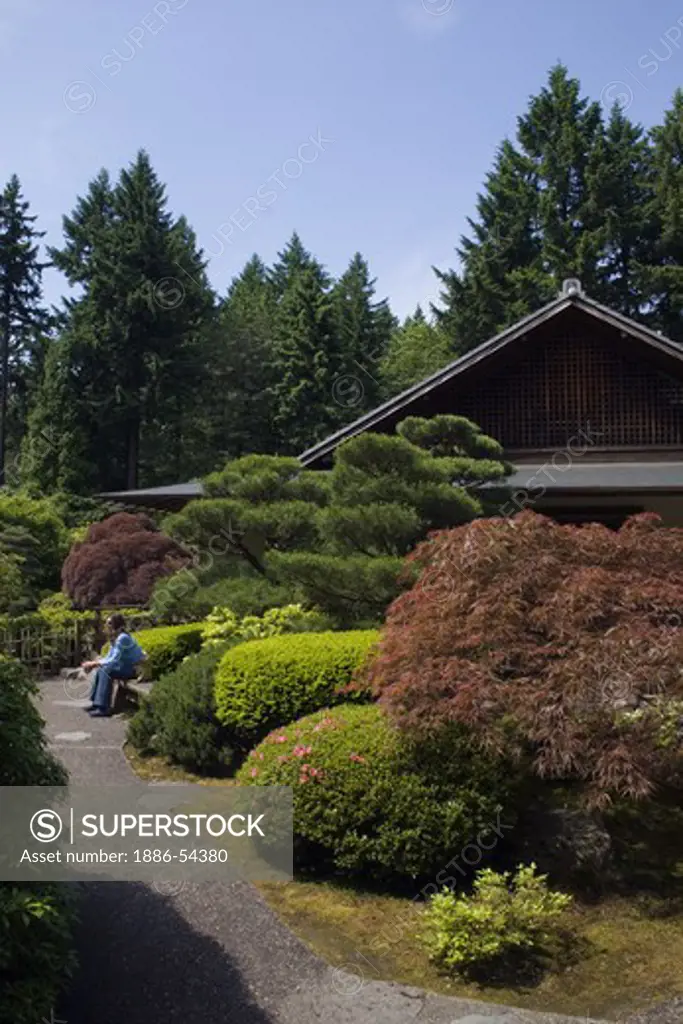 A visitor enjoys the tranquility of the Portland Japanese garden considered the most authentic outside of Japan - PORTLAND, OREGON