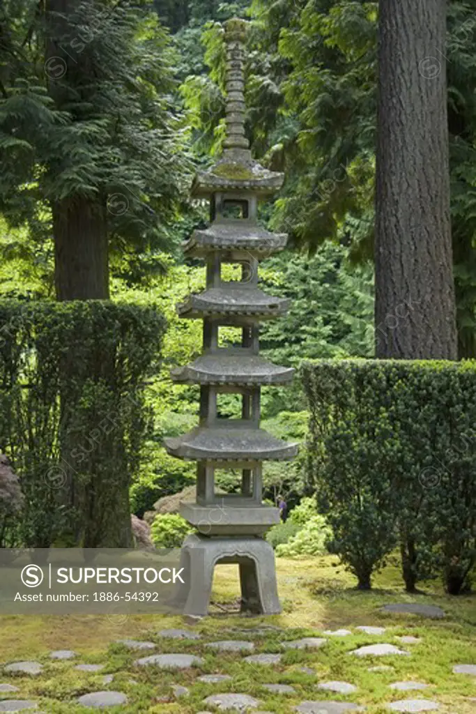 A stone pagoda at the Portland Japanese garden, considered the most authentic outside of Japan - PORTLAND, OREGON