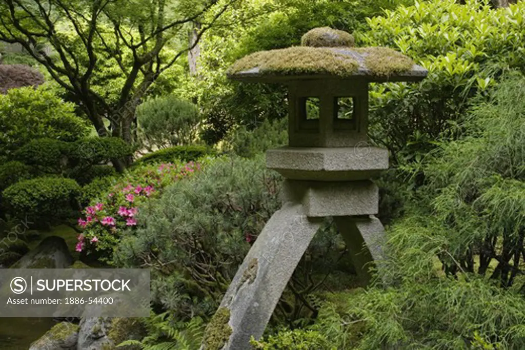 A stone lantern at the Portland Japanese garden, considered the most authentic outside of Japan - PORTLAND, OREGON