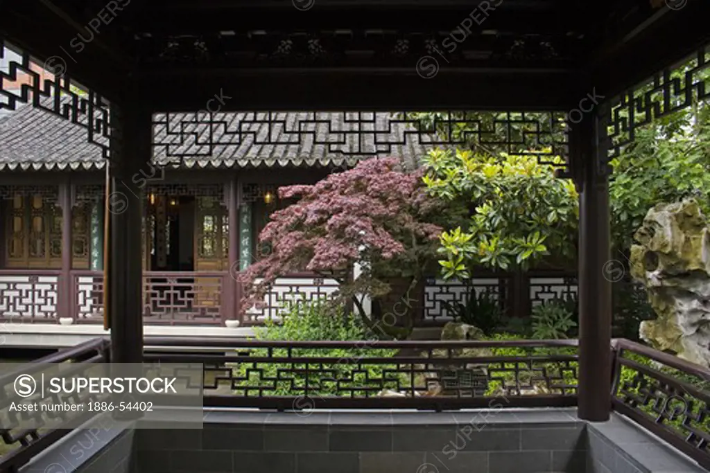 A pavillion in the Portland Classical Chinese Garden,  an authentically built Ming Dynasty style garden - PORTLAND, OREGON