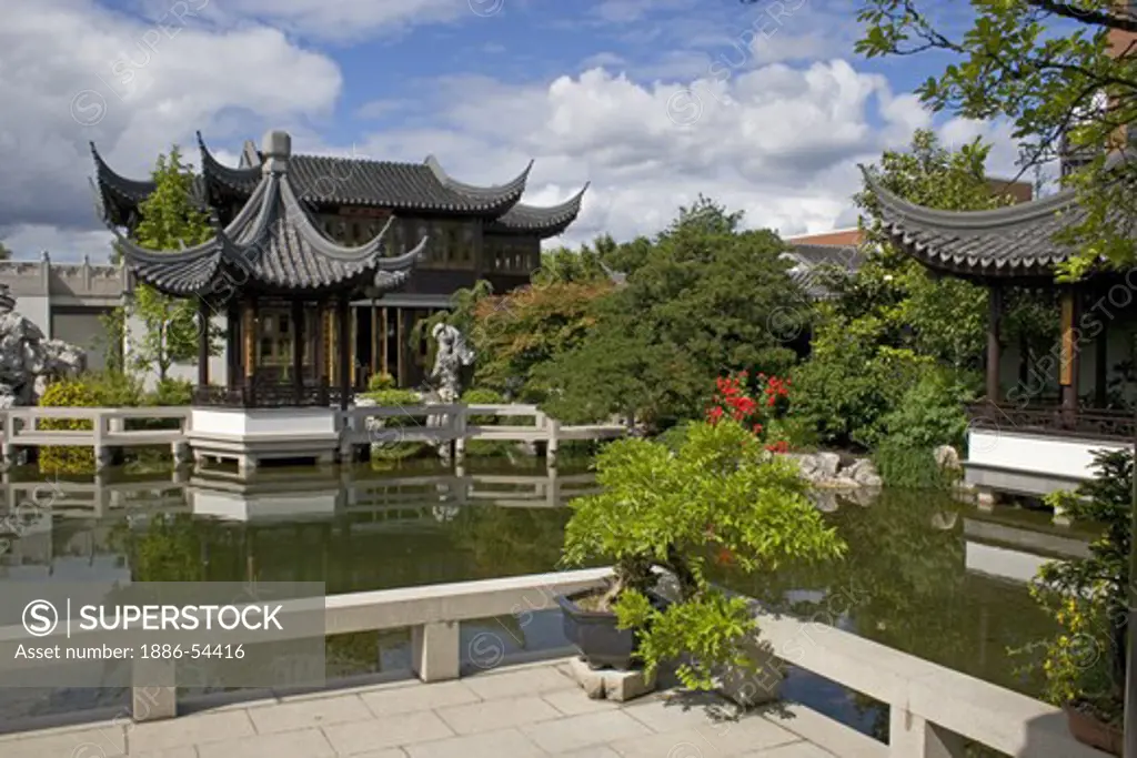 Two pavilions & the Tea House sits across Zither Lake at the Portland Classical Chinese Garden,  an authentically built Ming Dynasty style garden - PORTLAND, OREGON