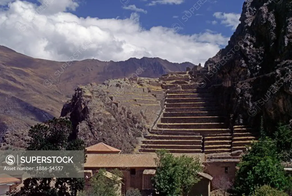 The magnificent ruins of OLLANTAYTAMBO are nestled in a defensable valley in the ANDES MOUNTAINS, where MANCO INCA deafeated HERNANDO PIZARRO in 1536 - PERU