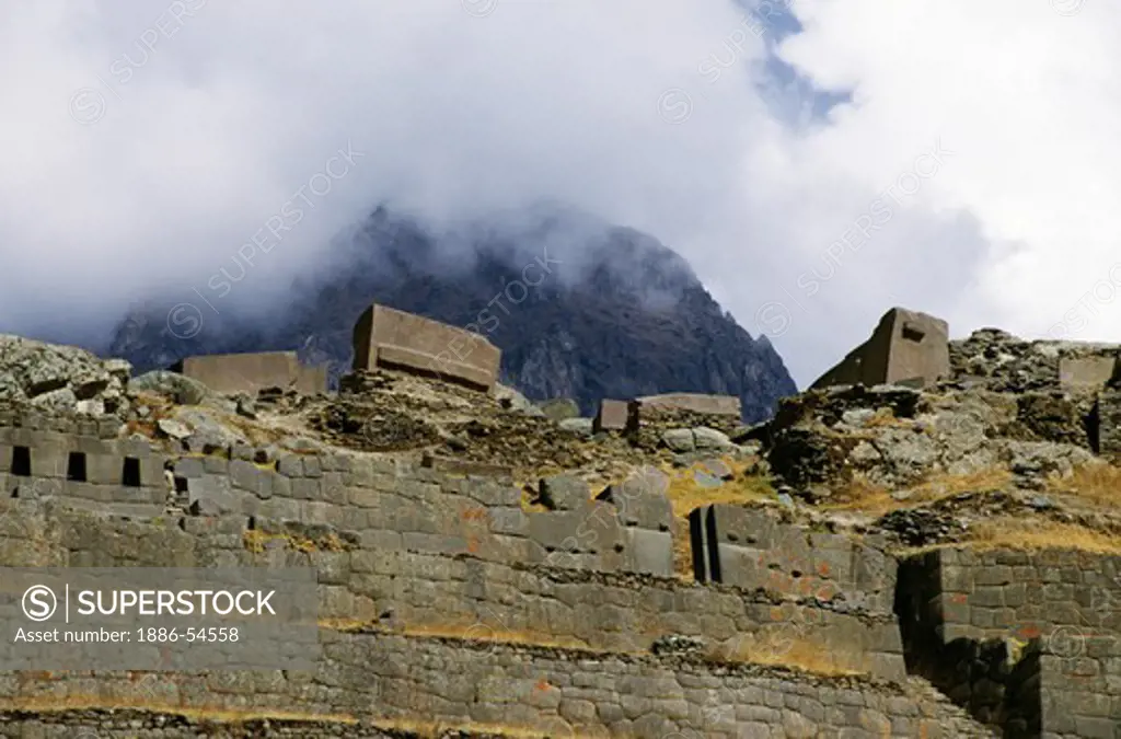 STONE TERRACES & the TEMPLE OF THE SUN built by the INCA at the fortress of OLLANTAYTAMBO - PERUVIAN ANDES